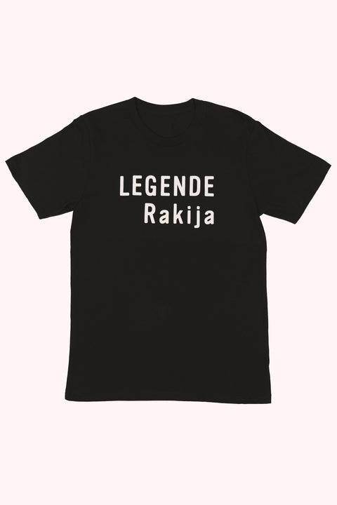 Black Legende Tee by Legende featuring a casual fit, displayed on a hanger with a plain background.