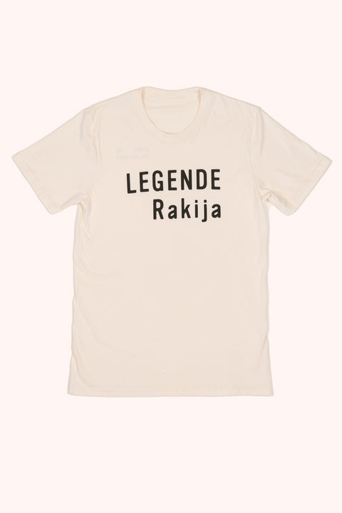White Legende Tee from legende featuring a classic crew neck and short sleeves, displayed on a hanger.